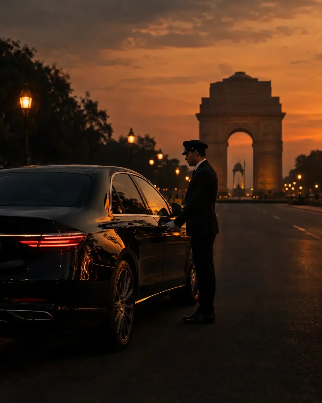 Chauffeur opening the door of a black luxury car near India Gate, Delhi, at sunset