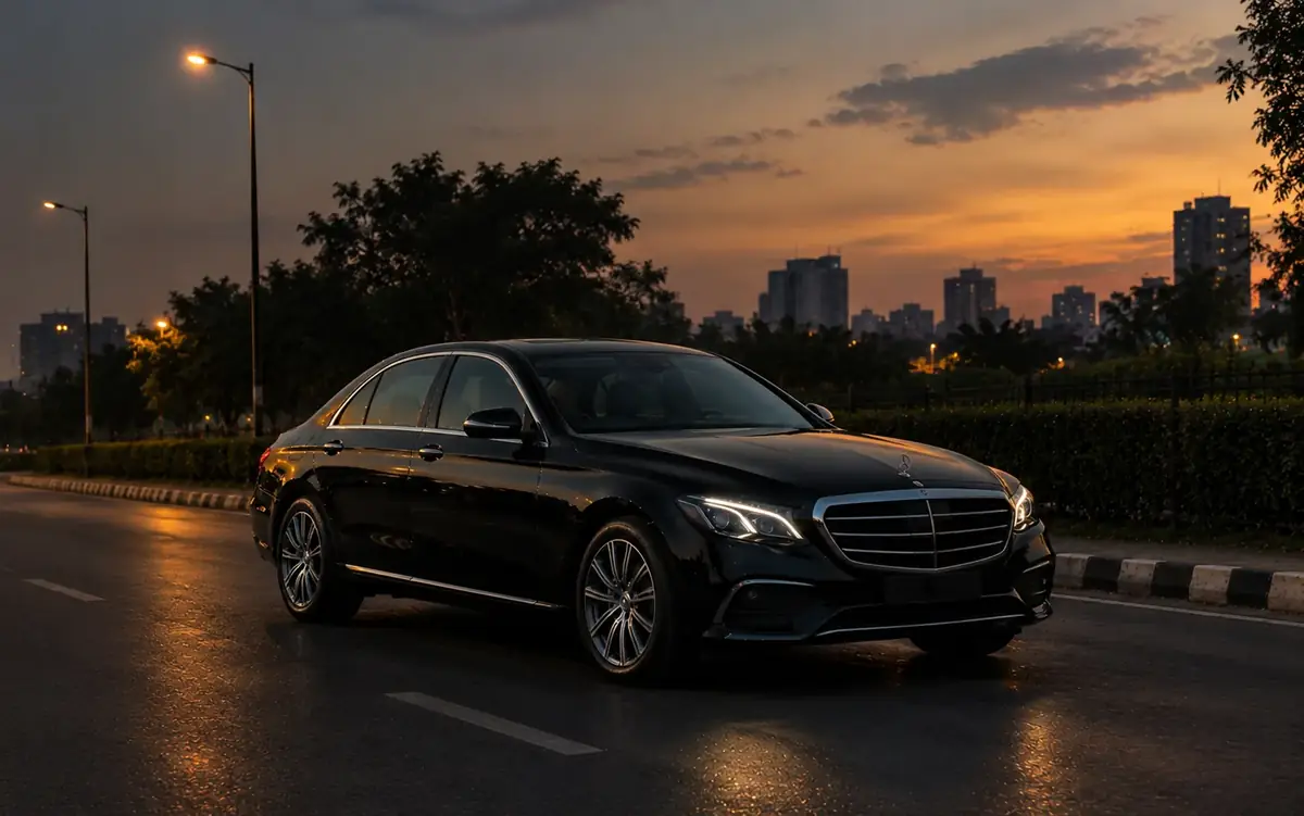 Black luxury sedan available for hire with chauffeur in Delhi