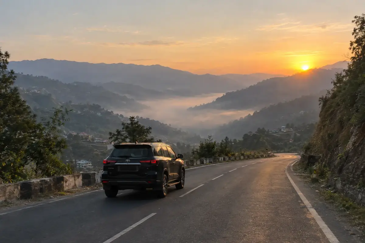 A black SUV on a mountain road in North India at sunrise