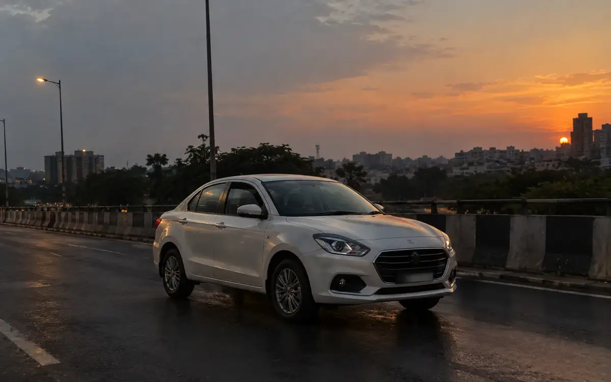 White sedan available for hire with driver in Delhi